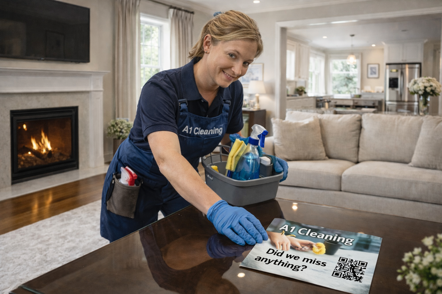 Professional cleaner arranging feedback card