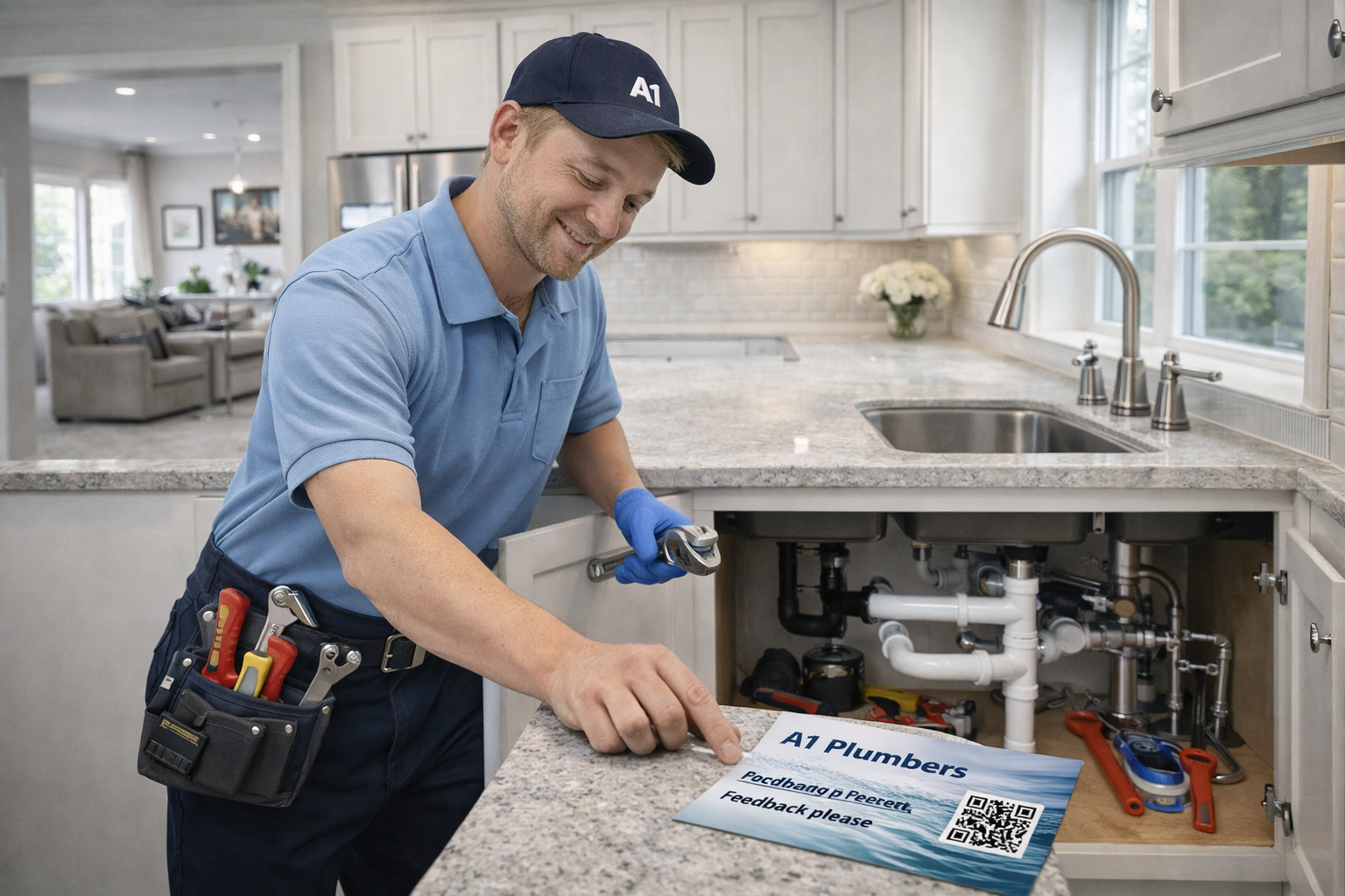 Plumber leaving feedback in kitchen